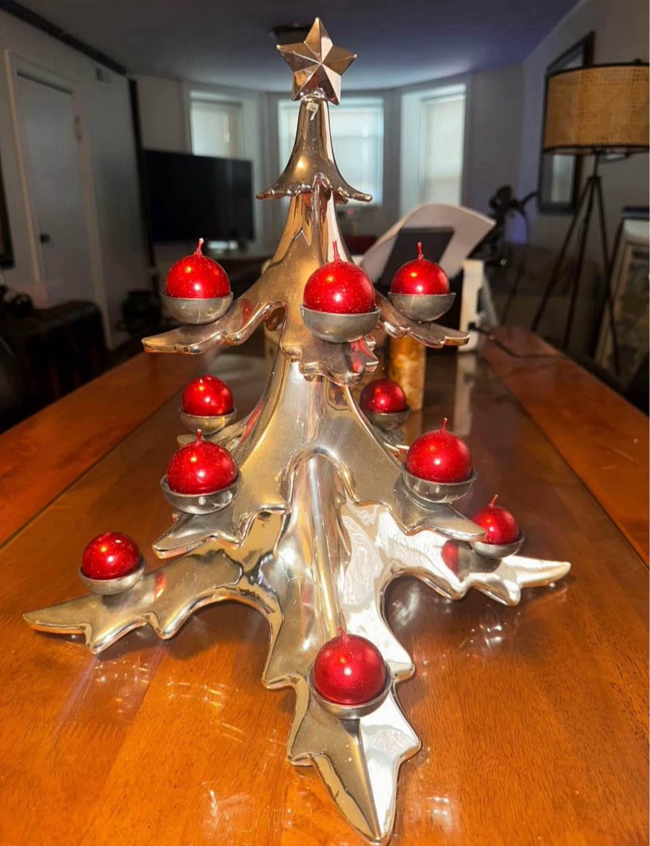 NEW Retired Pottery Barn Silver Chrome Christmas Tree 12 CANDLE HOLDER 14.25 in high x 15.5 in wide across the bottom.  Reflective, Heavy high quality
