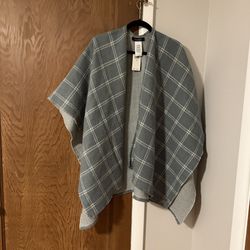 Lauren Ralph Lauren Plaid Herringbone Shawl Acrylic Sea foam Green Fringe Edge 
