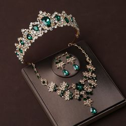 Elegant Crystal Necklace Earrings Tiara Crown Set For Women Wedding Bridal Prom