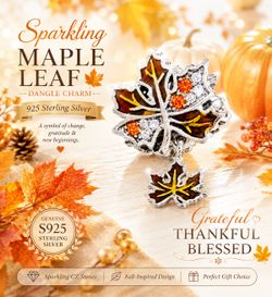 Sterling Silver S925 Thanksgiving Fall Maple Leave Dangle Charm on card