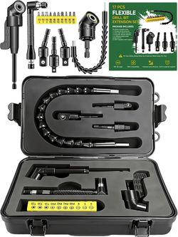 Right Angle Drill Attachment, Magnetic Flexible Drill Bit Extension Set 17pc 90/105° Angled Rotatable Socket Adapters for Tight Narrow Spaces, Ratchet