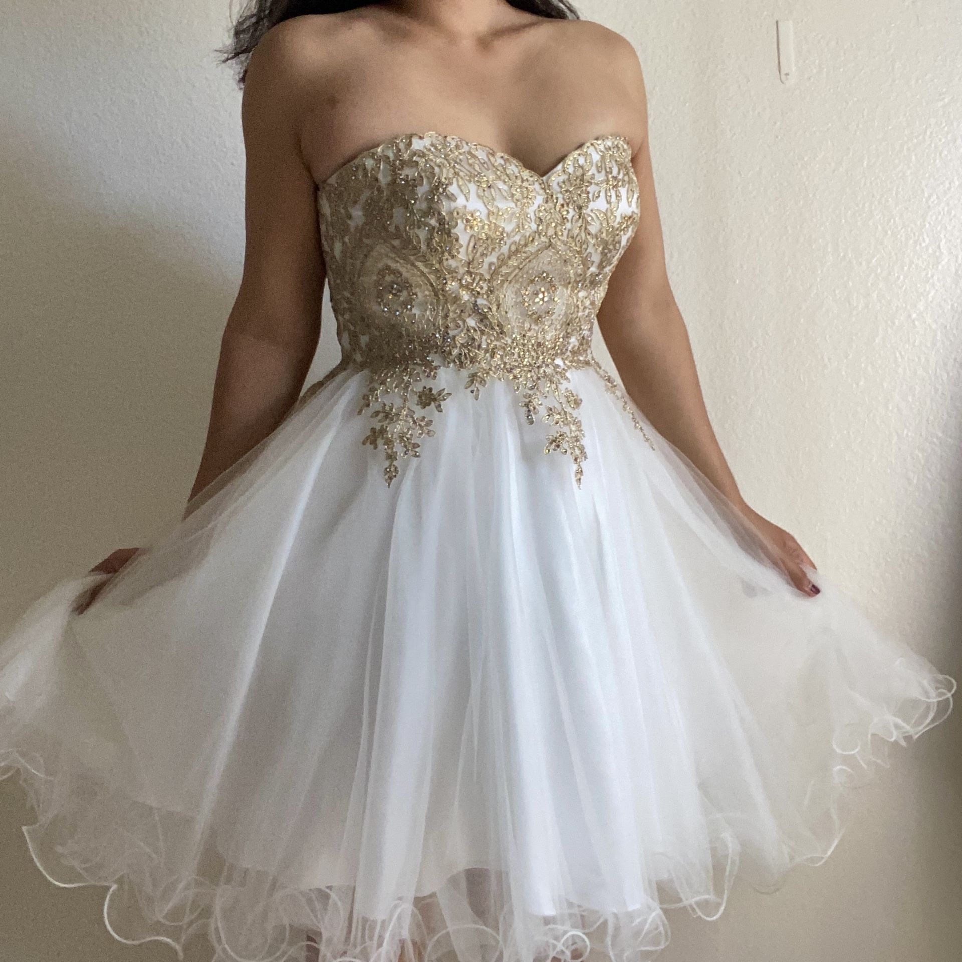 White Gold Tulle Strapless Ball gown Dress