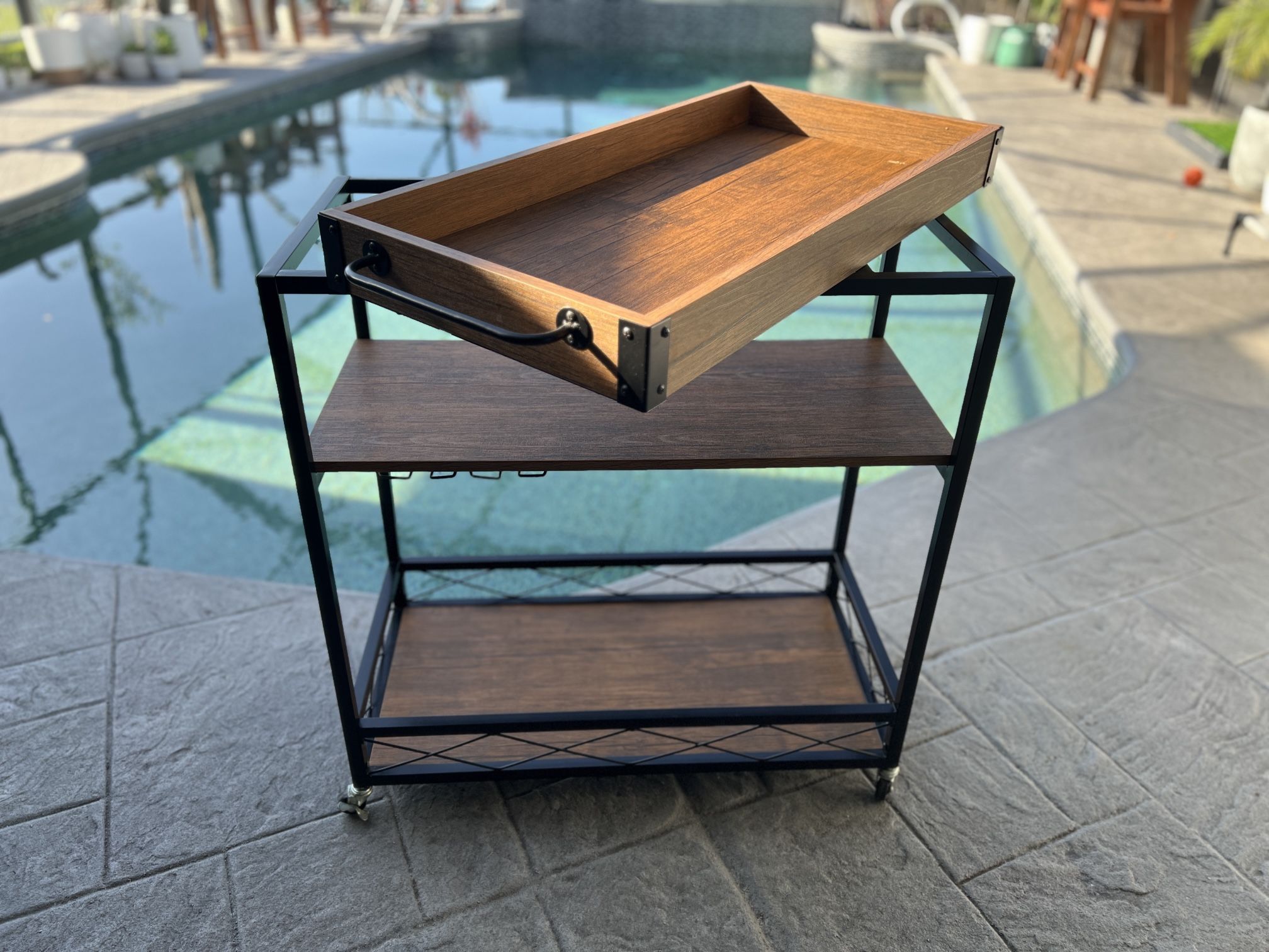 Bar Serving Cart w/Removable Tray Top, Wine Glass Holder & Lockable Wheels