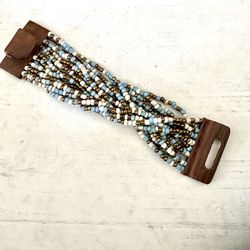 Multi Strand Gold Blue And White Beaded Bracelet 