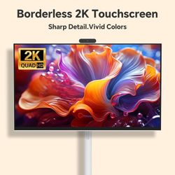 32" 2K Smart Portable TV, Rolling TV on Wheels, Anti-Glare Touchscreen Monitor, Rechargeable Battery, Full Swivel Rotation, 20W Speakers, Snap-on Came