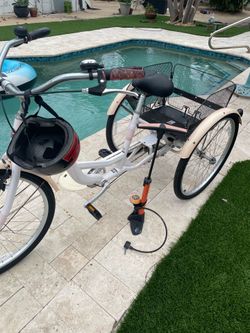 Schwinn Meridian 26 in Adult Tricycle - Coral & White With Miami Teams Helmet