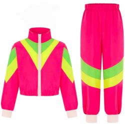 Color Block 2 Piece 80s 90s Outfits Long Sleeve Windbreaker Jacket Tracksuit Set
