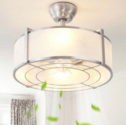 20" Silver Fandelier Ceiling Fans with Lights, Boho Rattan Ceiling Fan with Light Remote Control, Caged Mid-Century Modern with 6 Speeds for Bedroom, 