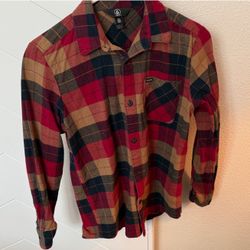 Volcom Red and Tan Plaid Shirt-Youth Size Large