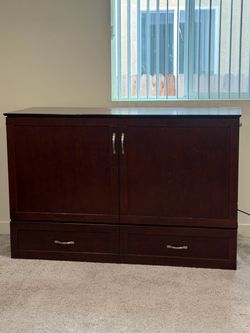 Queen Murphy Cabinet Bed with Mattress & Storage Drawers – Dark Cherry Wood