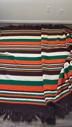 Vintage Crocheted Fringe Hand Woven Large Heavy Yarn Blanket Hippy Psychedelic MCM Mid Century Modern