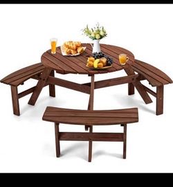 New Assembled 6 Person Wood Picnic Table, Round Tabletop with Umbrella Hole 3 Built-in Curved Bench