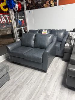 Top Grain Leather Loveseat Blue