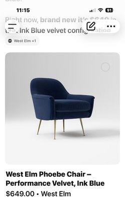 West Elm Phoebe Chair – Ink Blue Velvet & Brass – $325