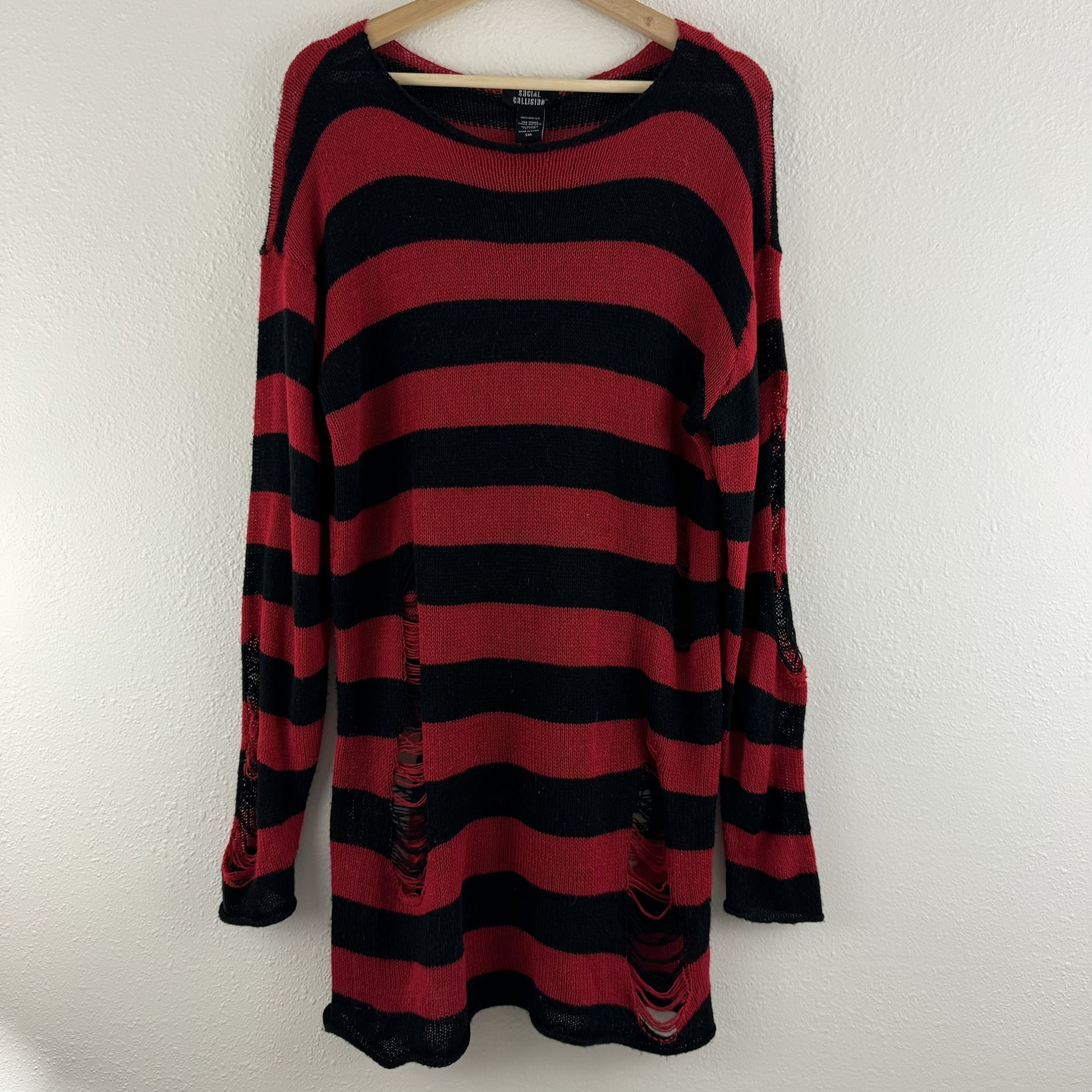 SOCIAL COLLISION Red Black Striped Distressed Knit Freddy Krueger Sweater Dress