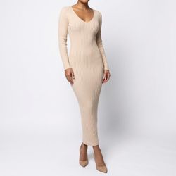 HERA COLLECTION Clean Girl Beige Ribbed Knit Deep V-Neck Long Sleeve Midi Dress S