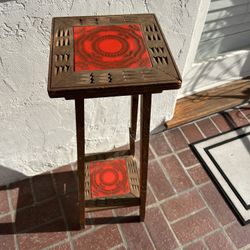Vintage * LEG NEEDS Repair **Carved Wood Plant Stand Side Table w/ Red Tile Inlay Mid Century Modern 
