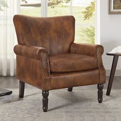 Brown Faux Leather Upholstered Wingback Accent Chair Rolled Arm Nailhead Living Room Chair 