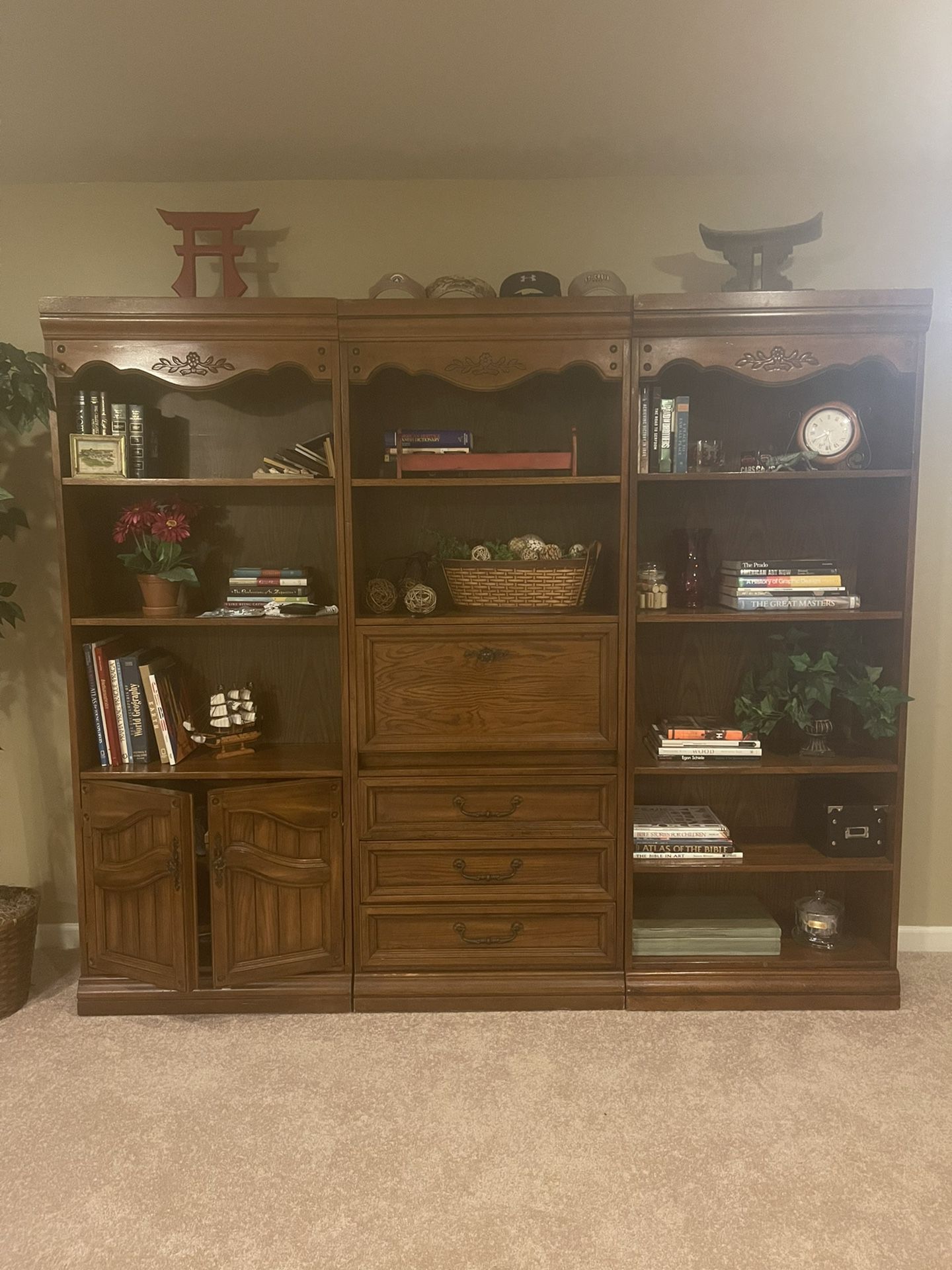3 Book CasesWith Storage Cabinets, 3 Drawers, Hinges Fold Down Desk