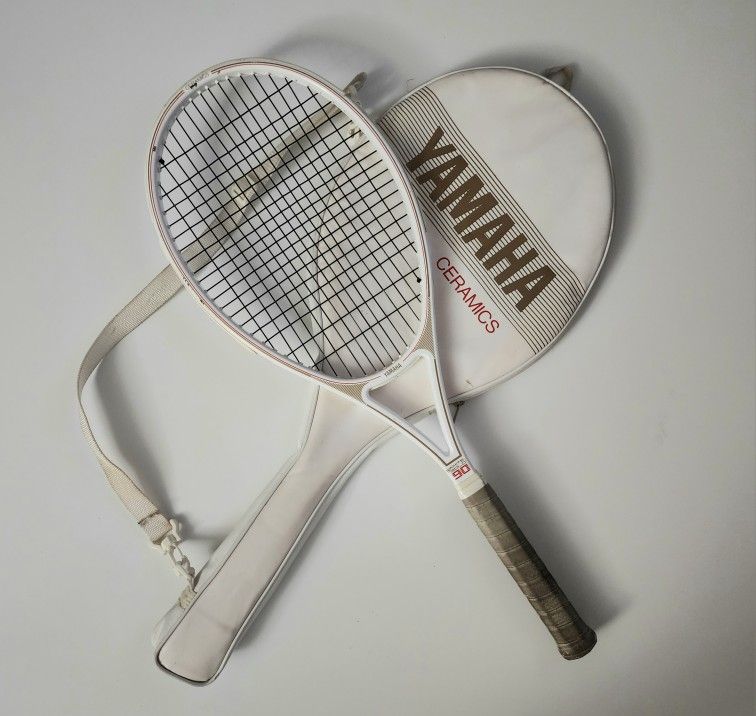 Vintage 80s Yamaha ceramic series 90 white gold tennis racket with racket cover bag / case