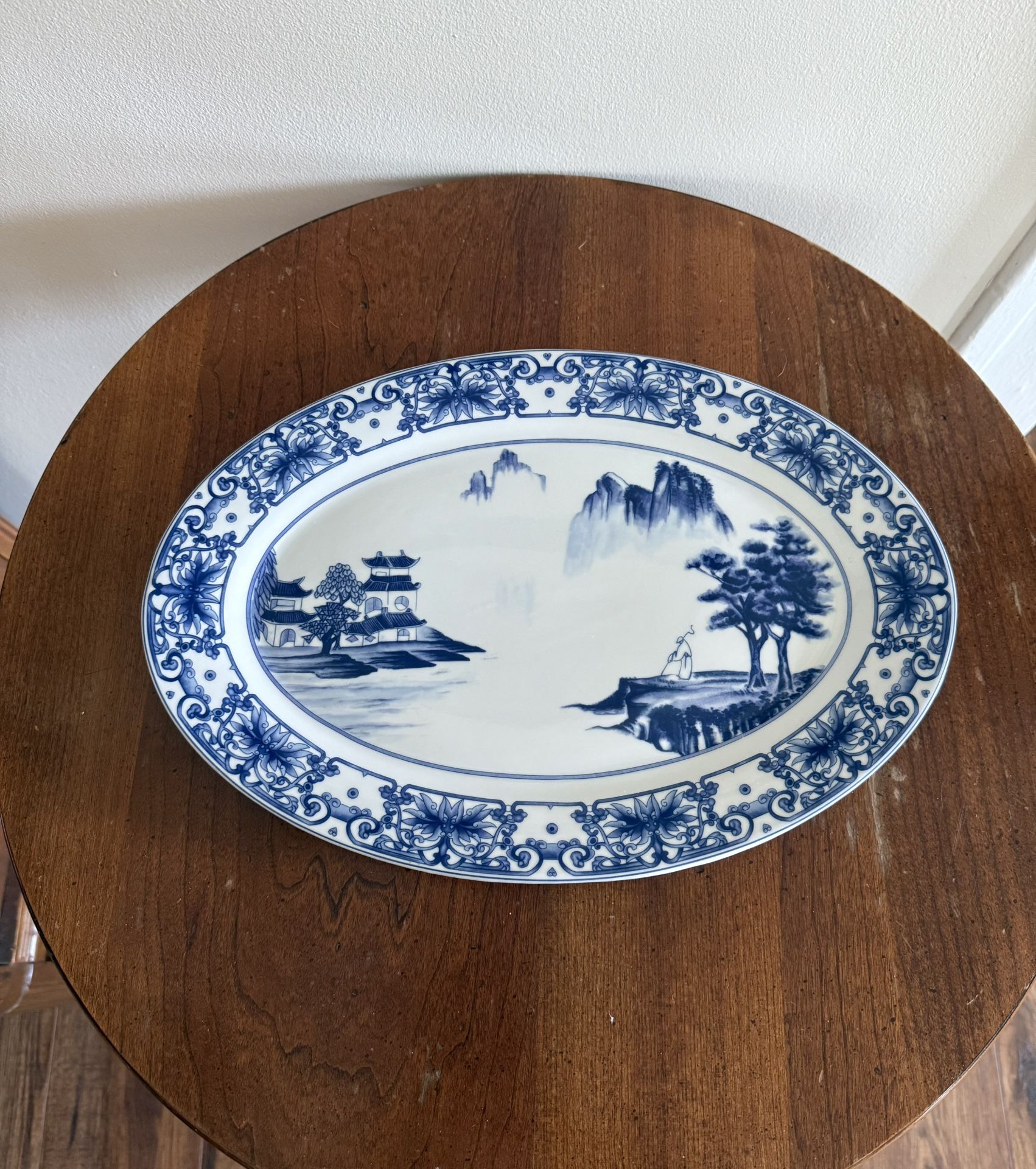 Canton Blue Oval Serving Platter 14" Blue and White Hand Painted Scenic Design.