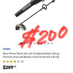 WORX Nitro Power Share 40-volt Cordless Battery String Trimmer and Leaf Blower and Combo Kit 4 Ah (B..