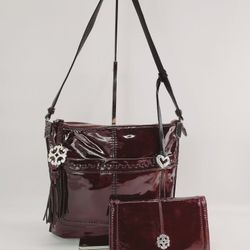 Brighton Rae Black Cherry Burgundy Patent Leather Tassel Shoulder Bag with matching wallet  
