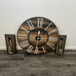 Clock And Two Wooden Hanging Accessories