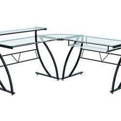 Glass L-Shaped Computer Home Office Gaming Editing Desk, Black