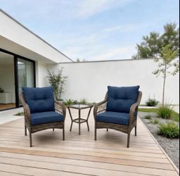 3 Piece Outdoor Wicker Patio Furniture Set, Rattan Conversation Bistro Set with 2 Arm Chairs & Tempered Side Table, All-Weather PE Rattan Chairs with