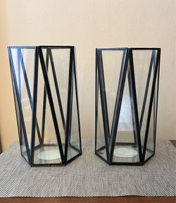 Set of Metal and Glass Hexagon Candle Hurricane Lanterns