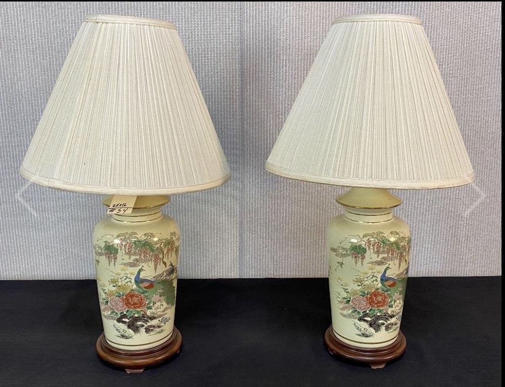 Pair of antique Porcelain Lamps Pheasant peacock Motif size H-28, L-16