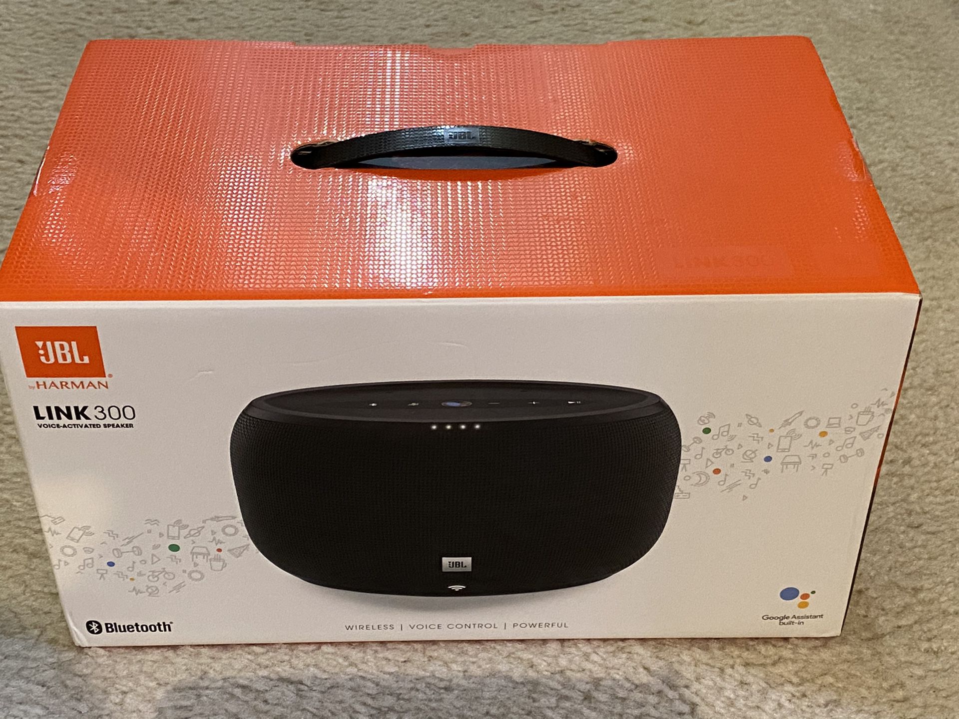 JBL by Harman link 300 voice-activated speaker with google assistant sealed.
