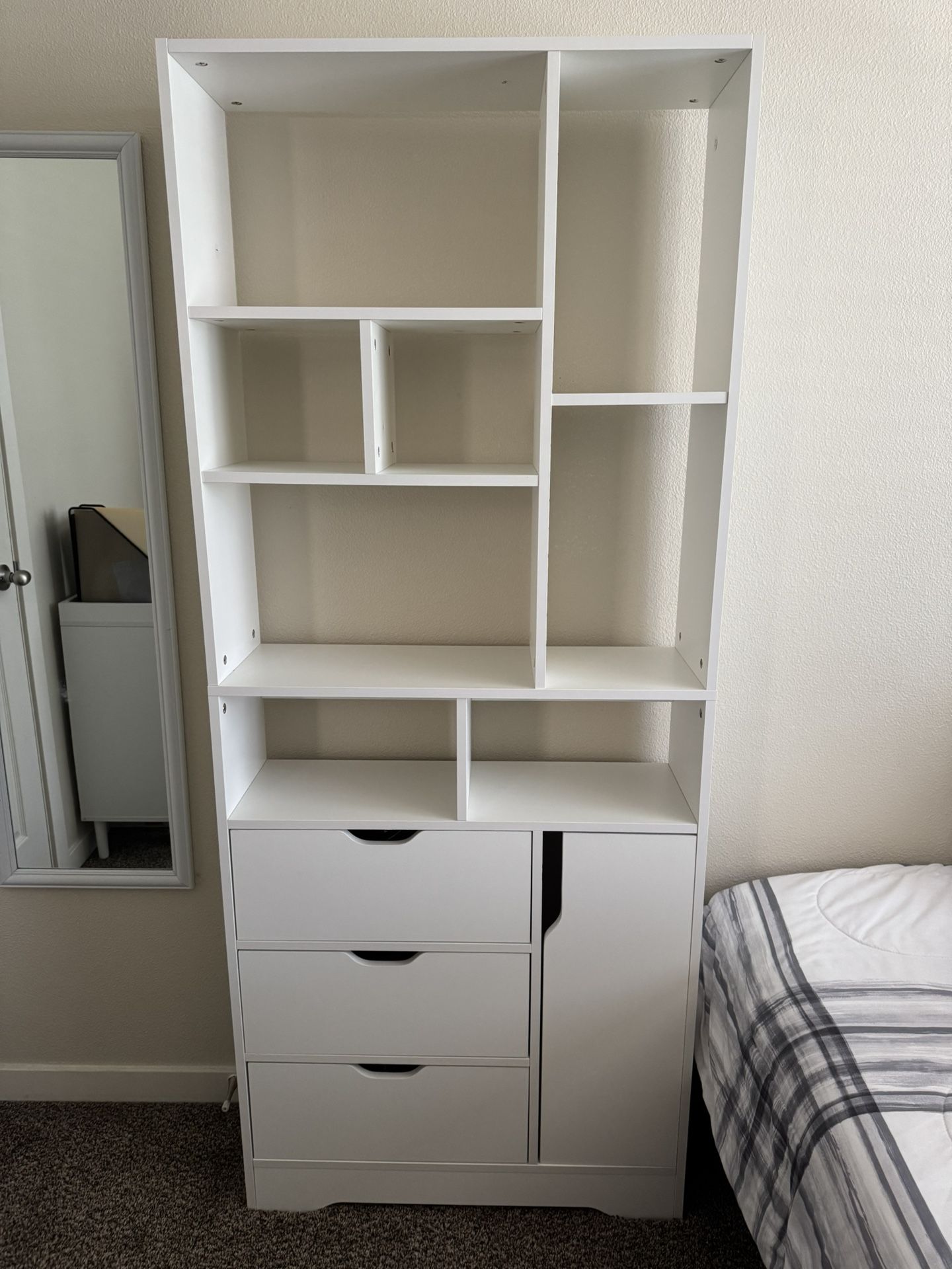 Tall White Wooden Bookcase with Drawers & Cabinet