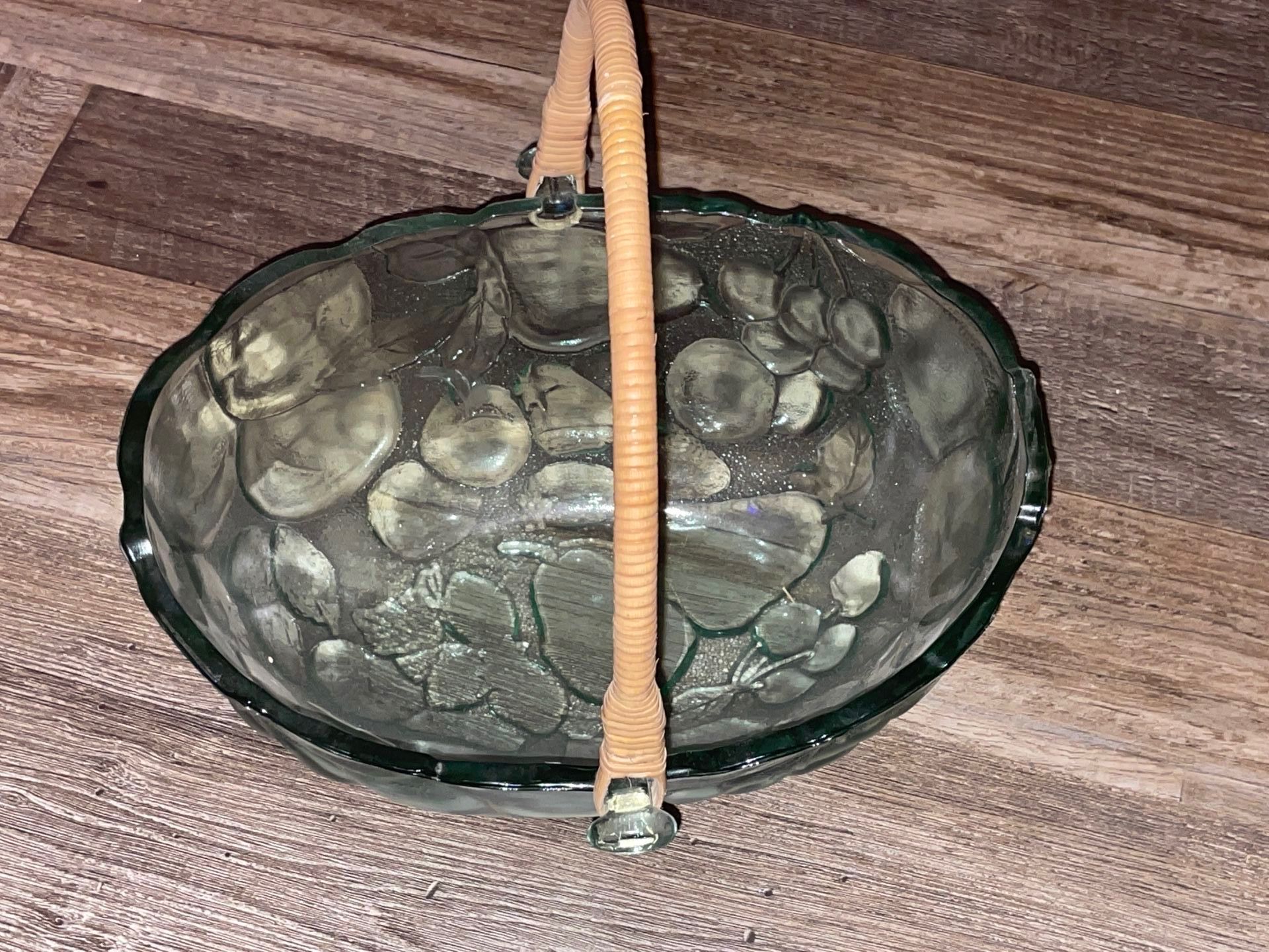 Vintage Libby Oval Glass Fruit Bowl with Wicker Handle - Aqua Green