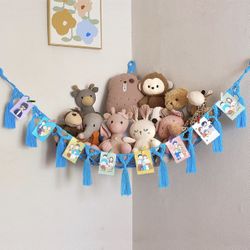 Macrame Toy Hammock - for Stuffed Animals and Plush Toys, Soft Net Storage with Wooden Photo Clips, Soft Corner Hanging Netting