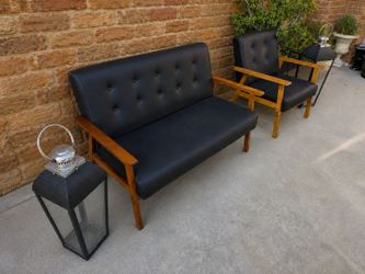 Mid-Century Modern Faux Leather Loveseat and Armchair Set