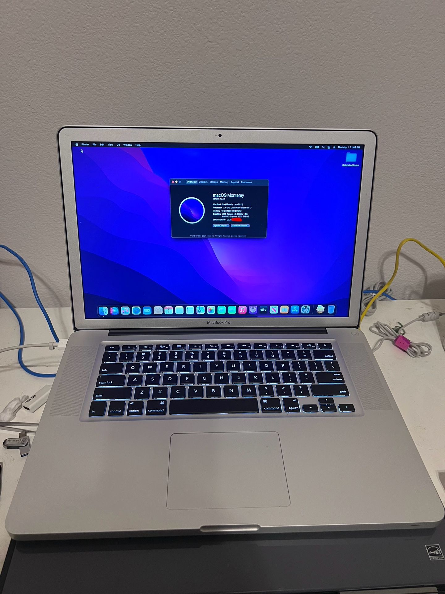 MacBook A1286 15” i7 2.4GHz 16GB/512GB anti-glare Monterey