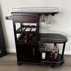 Rolling Bar Cart / Wine Cabinet – Storage, Glass Holders & Casters