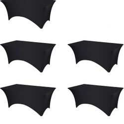 BRILLMAX 5 Pack Black Fitted Spandex Tablecloths, 6ft Stretch Tablecloths for 6ft Rectangle Folding Tablecloths, Bulk Stretch Linen Fabric for Wedding