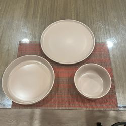 Beige  Stoneware Dishes. Service For 8. 