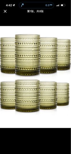 Set of 8 Hobnail Drinking Glasses Vintage Green Glassware - 4 Highball Glasses 14 oz, 4 Rocks Glass