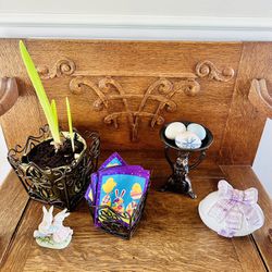 Easter Decor ~ 2 Southern Living at Home Rosedale Plant Holders, Amaryllis Plant, Covered Ceramic Egg Dish, Dancing Bunnies, Bronze Bunny Stand & More