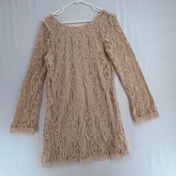 Fire Los Angeles Womens L Beige Floral Lace Long Sleeve Mini Dress Scoop Back