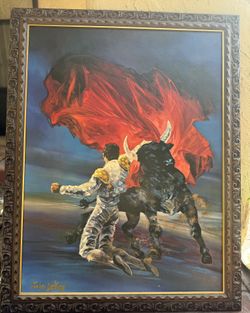Large Vintage Matador Bull Spanish Oil Painting w/ Ornate Frame – Statement Wall Art
