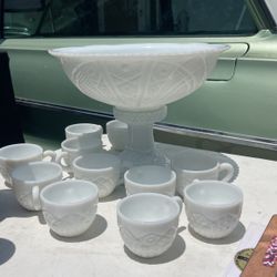 Milk Glass Punch Bowl and cups