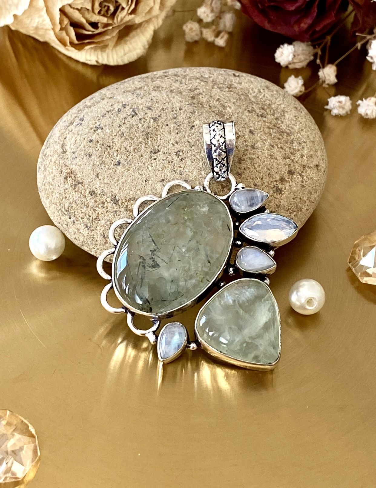 Prehnite, Rainbow Moonstone And Opalite 925 Sterling Silver Overlay Pendant