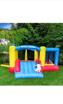 Upgrade Version] PicassoTiles KC102 12x10 Foot Inflatable Bouncer Jumping Bouncing House, Jump Slide, Dunk Playhouse w/Basketball Rim, 4 Sports Balls,
