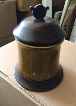 Ceramic and wood container darn brown and wood
