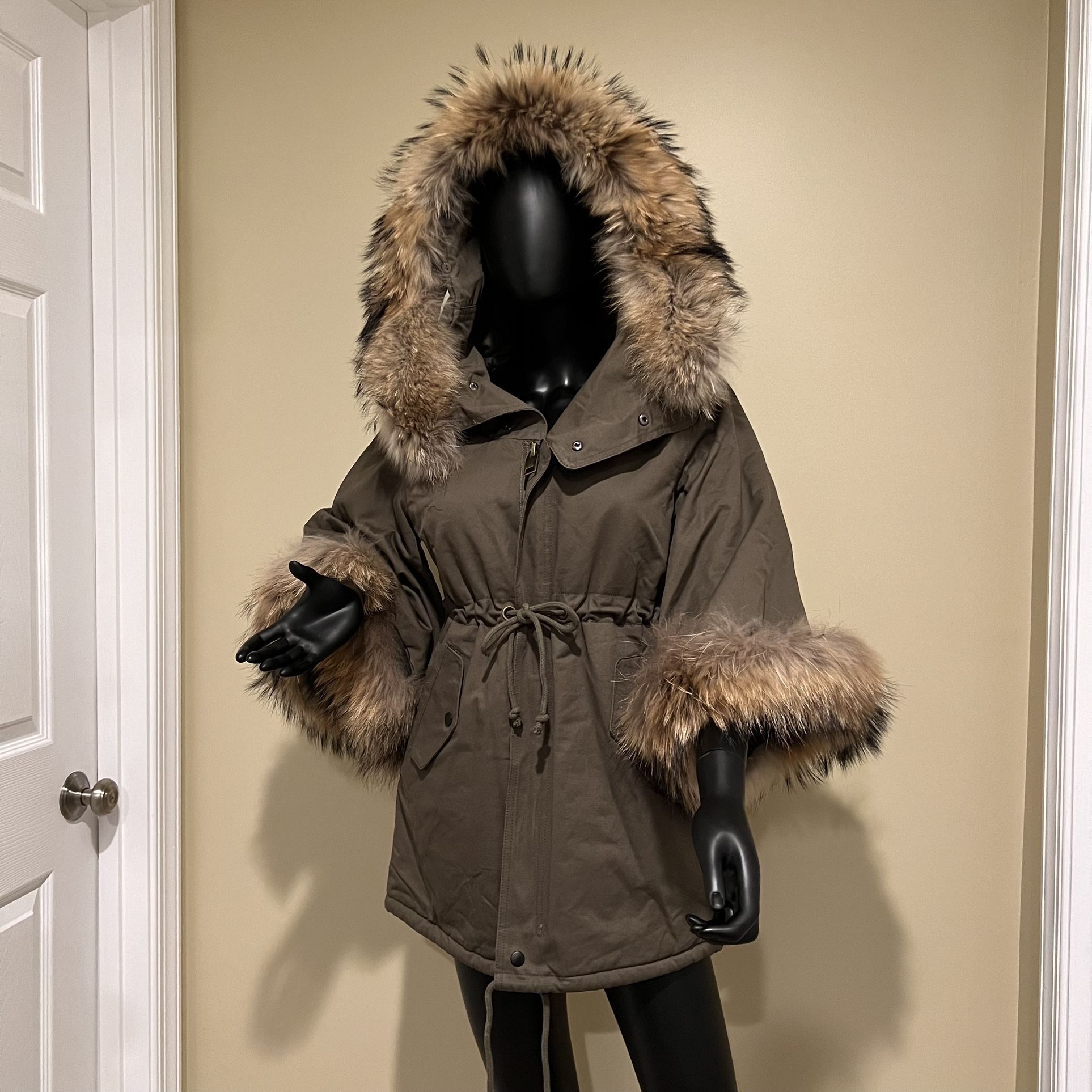 Raccoon Fur Flare Sleeve Parka Coat Jacket Winter Coat Trench Puffer Hooded Coat